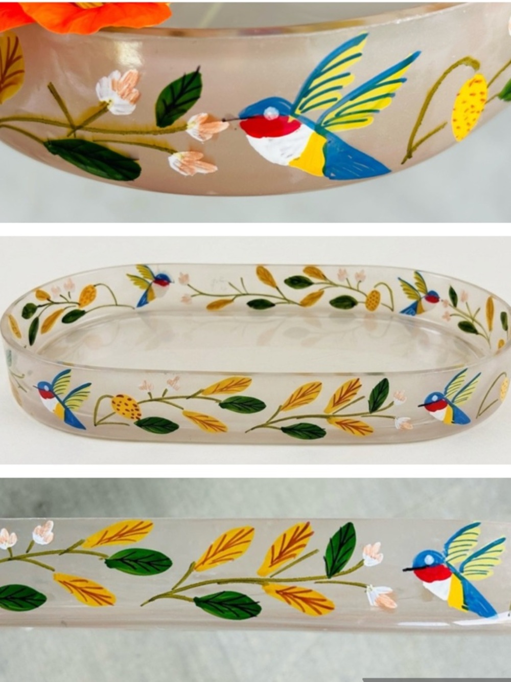 Vintage Hummingbird & Flower Hand-Painted Glass Tray Vanity Makeup Organizer